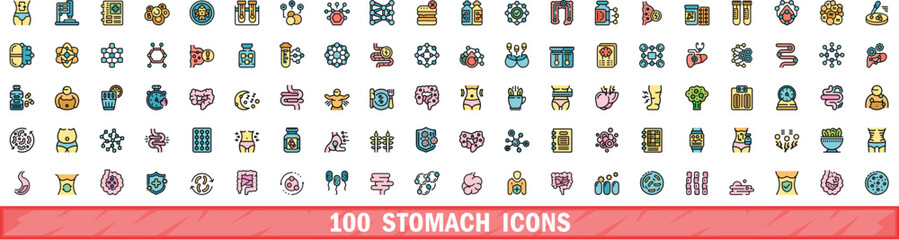 Poster - 100 stomach icons set. Color line set of stomach vector icons thin line color flat on white
