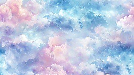 Poster - A dreamy, watercolor-style background of clouds in a pastel palette of blue, pink, and purple.