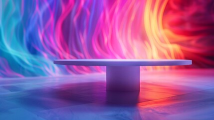 Poster - A white pedestal stands in front of a vibrant background of blue, pink, and orange light.