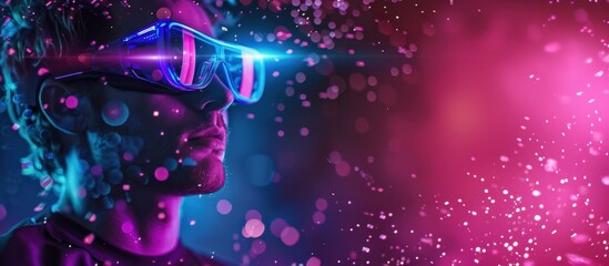 Poster - A man wearing glasses is looking at a screen with a blurry background. The image has a futuristic and sci-fi vibe, with the man's glasses
