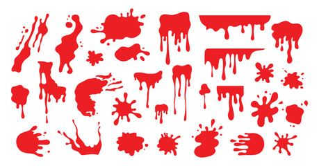 Wall Mural - Hand drawn blood splash set. Blood stains, splatter, drops and blobs of blood in various shapes. Vector illustration