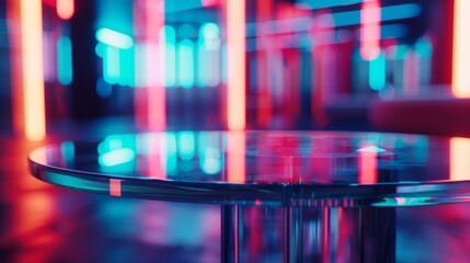 Poster - A glass table sits in a dimly lit room with vibrant neon lights reflecting off its surface. The blurred background creates a dreamy atmosphere.