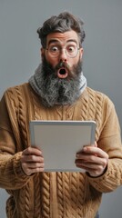 Wall Mural - A man with a grey beard and hair, wearing a yellow sweater and scarf, looks surprised holding a digital tablet against a grey background.