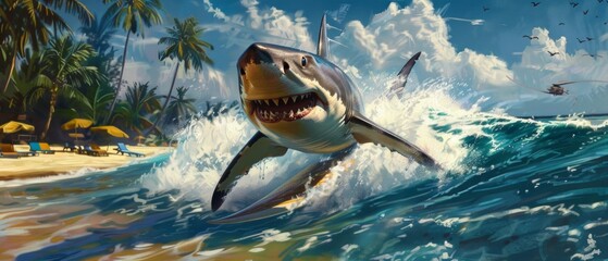 Wall Mural - A dramatic image of a leaping great white shark with an open mouth, palm trees, beach umbrellas, and a helicopter in the background under a blue sky.