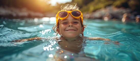 Wall Mural - Smiling Boy In Yellow Sunglasses Enjoying Swimming