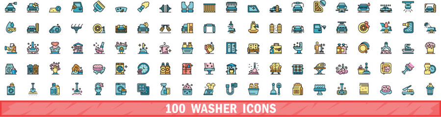 Poster - 100 washer icons set. color line set of washer vector icons thin line color flat on white