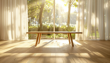 Aufkleber - A serene interior scene with a wooden table illuminated by sunlight streaming through curtains and a garden view.