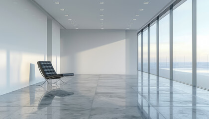 Poster - Modern interior showcasing a minimalist design with large windows and a sleek chair, perfect for contemporary decor concepts.