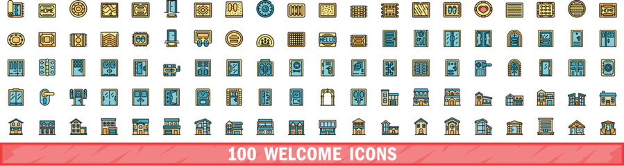 Poster - 100 welcome icons set. Color line set of welcome vector icons thin line color flat on white