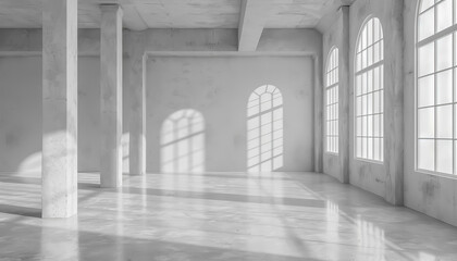 Aufkleber - Spacious, sunlit interior featuring high ceilings, large windows, and elegant shadows that create a minimalist atmosphere.