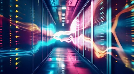 Wall Mural - Server room with glowing neon lines representing data transfer, showcasing a modern and futuristic data center environment with digital connections.