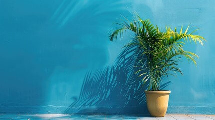 Canvas Print - Plant in front of a blue wall with blank space