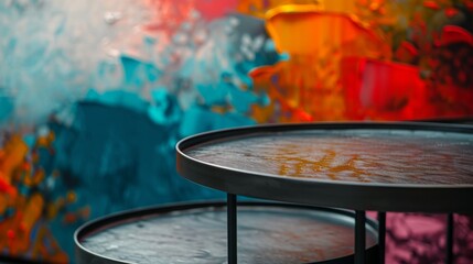 Aufkleber - A black coffee table with a glass top sits in front of an abstract, colorful background.