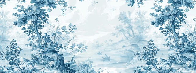 Wall Mural - Autumn floral pattern white and light cyan.