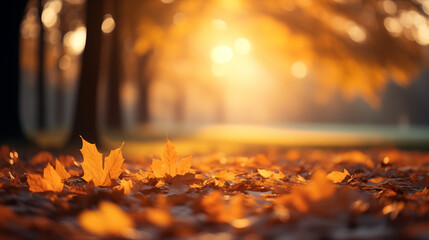 Sticker - Orange maple leaves on a branch with bokeh in the background.