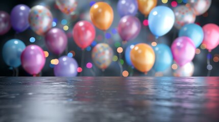 Poster - A table sits in front of a blurred background filled with colorful balloons and twinkling lights.