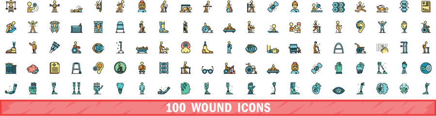 Poster - 100 wound icons set. Color line set of wound vector icons thin line color flat on white