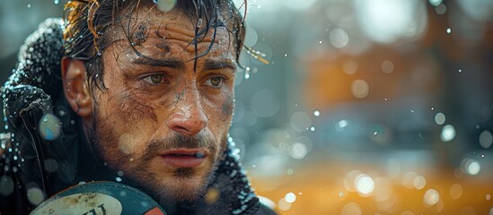 Sticker - Close-Up Portrait of a Determined Athlete Covered in Water