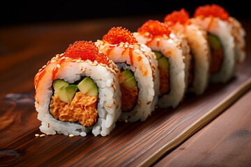 Close up of Five Spicy tuna rolls on wooden table in izakaya setting environment dark backdrop food photography concept