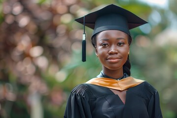 Wall Mural - Happy african american female graduate student in graduation gown and cap standing on a college campus