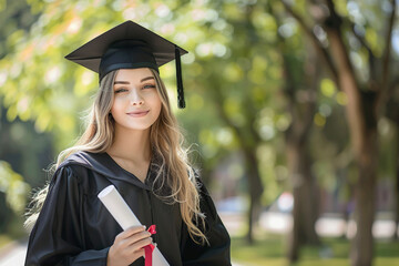 Wall Mural - Happy female graduate student in graduation gown and cap standing on a college campus