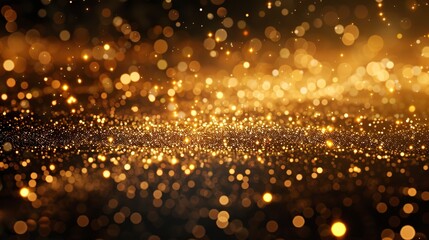 abstract background shining golden floor ground particles stars dust futuristic glittering in space on black background 