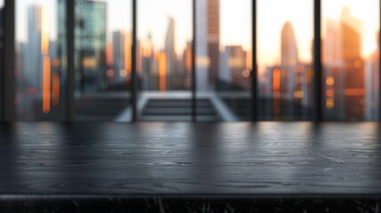 Aufkleber - A black tabletop sits in front of a large window, offering a view of a blurred cityscape at sunset.