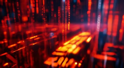 Poster - Abstract image of glowing red and orange binary code streams in a dark digital matrix background.