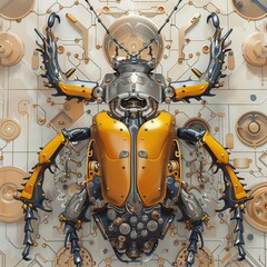 Poster - A futuristic robotic beetle with intricate mechanical details and a sleek, metallic finish. The beetle is depicted against a background of circuit boards, suggesting its technological nature. The im