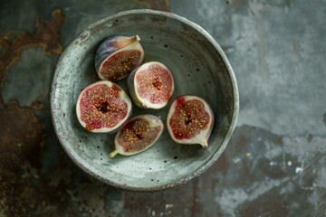 Poster - Overhead view of ripe figs halved in a ceramic bowl on a textured background