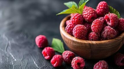 Sticker - A wooden bowl filled with fresh, ripe red raspberries, with a few berries scattered on the dark textured surface, accompanied by green leaves for decoration.