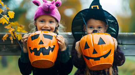 Poster - Happy Halloween! funny children in carnival costumes hide their heads behind buckets pumpkins outdoors.