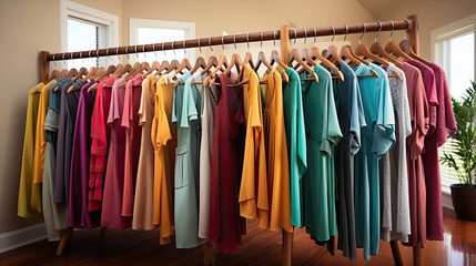 A fashionable boutique's wardrobe display features a standing row of shirts on indoor clothes hangers, showcasing the latest styles for swinging 