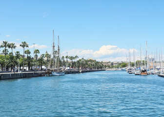 boats in the harbor with a ble water and a blue sky