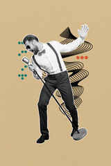 Poster - Collage creative drawing sketch of excited singer man sing over pastel color background