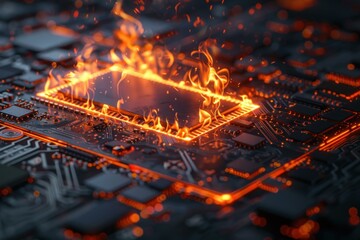 Poster - Close up of a circuit board with components on fire, depicting overheating or malfunction