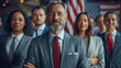 © khonkangrua - Confident business leader stands with diverse team, showcasing unity and professionalism in a corporate environment with an American flag.