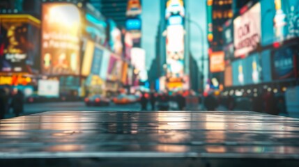 Aufkleber - A close-up view of a sleek, wet tabletop with Times Square in the blurry background.