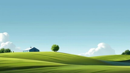 Wall Mural - Rolling green hills with a lone farmhouse under a clear blue sky