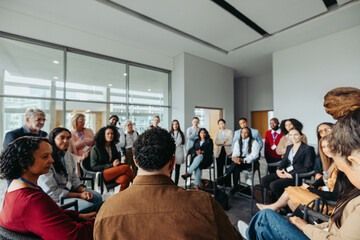 Wall Mural - diverse group of colleagues participating in a corporate event meeting in modern office setting