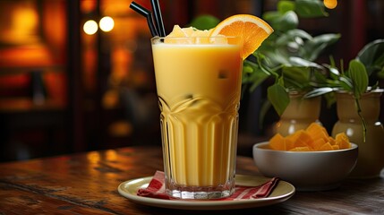 Sticker - A glass of iced orange juice with a juice machine on the table in a bar  