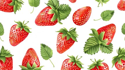 Wall Mural - a seamless pattern of fresh, red strawberries with green leaves on a white background.