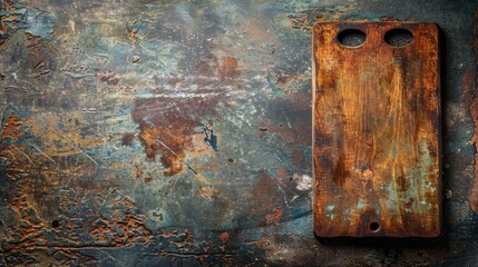 Canvas Print - Rustic cutting board on rusty metal background empty space for text