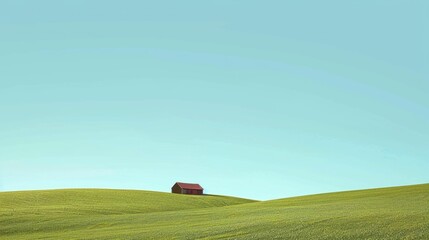 Wall Mural - Rolling green hills with a lone farmhouse under a clear blue sky