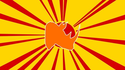 Poster - Rhinoceros head symbol on the background of animation from moving rays of the sun. Large orange symbol increases slightly. Seamless looped 4k animation on yellow background