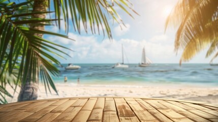 Poster - A wooden platform sits in front of a blurred tropical beach scene. Palm trees and blue water with sailboats are visible in the distance.