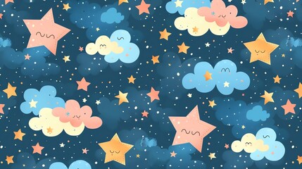 Sticker - A seamless pattern with colorful stars and clouds.