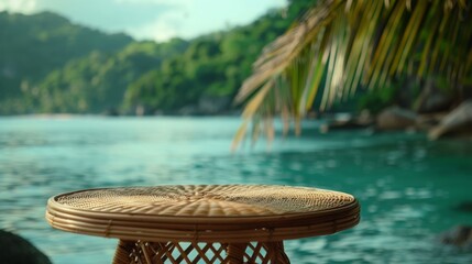 Aufkleber - A wicker table sits in front of a tropical ocean, with a lush green island in the background.