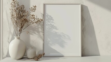 Canvas Print - Mockup frame on white table with ceramic vase and dry flowers. Neutral colors. Photo frame, poster template on textured wall. Scandinavian decor. Copy space.