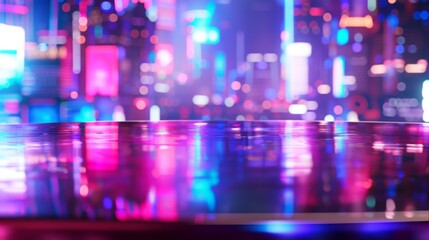 Aufkleber - A shiny, reflective surface sits in front of a blurred backdrop of colorful neon lights.